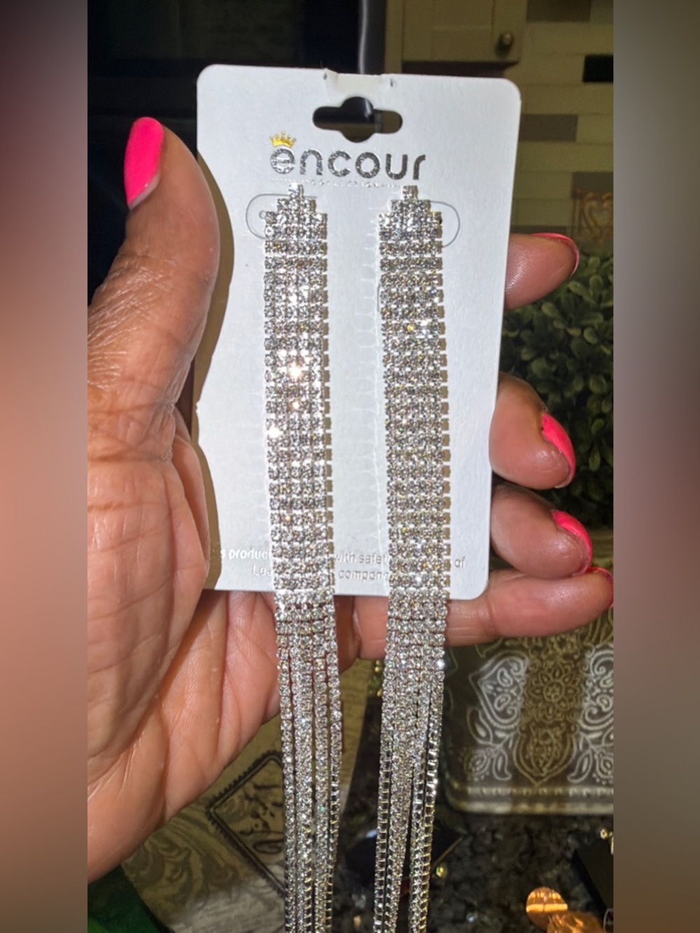 Encour Silver Crystal Long Tassel Drop Earrings